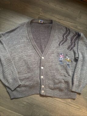 Fine Line | Vintage Knit Cottage-core Ski Embroidered Button-Front Cardigan XL